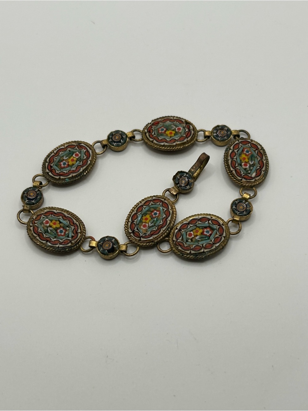 Vintage Italian Brass Tone Micro Mosaic Oval Link Bracelet in Multicolor 7.5”